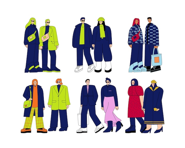 Set of men and women in winter clothes Vector illustration in flat style