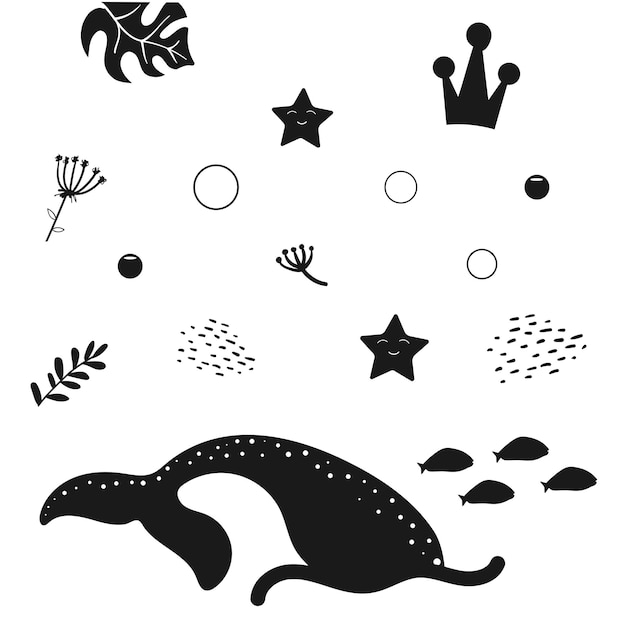 Set of mermaid tail, starfish, fish and seaweed silhouettes.