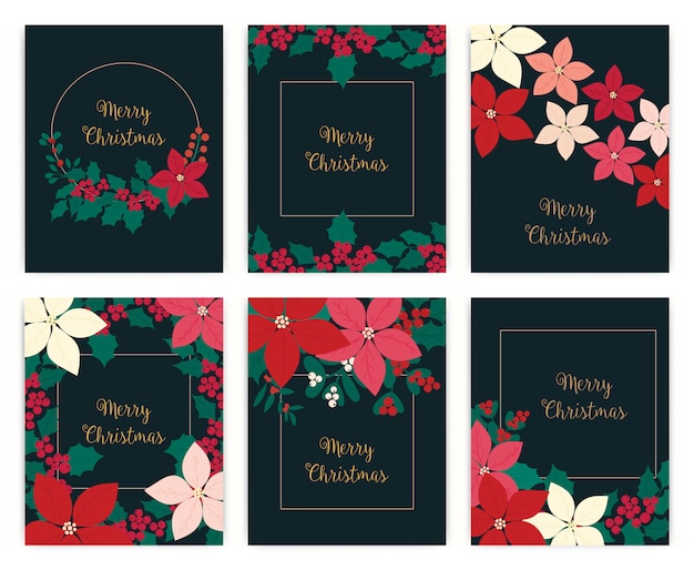 Set of Merry Christmas greeting card. flower, floral.