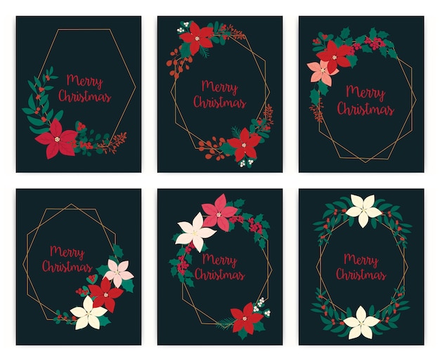 Set of Merry Christmas greeting card. flower, floral.