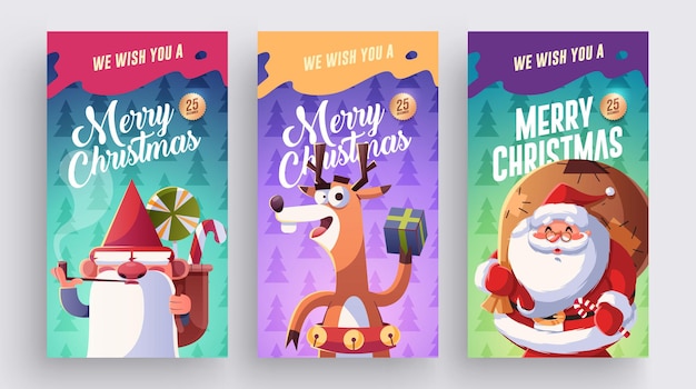 Set of Merry Christmas and Happy new Year greeting cards design with Christmas characters