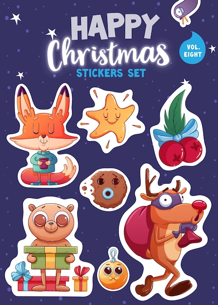 Set of Merry Christmas and Happy New Year stickers or magnets. Festive souvenirs. Vector illustration