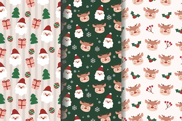 Set of Merry Christmas Santa reindeer snow flakes seamless pattern