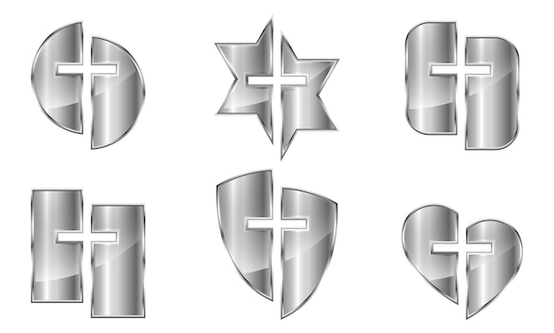 Set of metal christian symbols isolated. Vector illustration. Different shapes of silver icons with Christian Cross symbol.