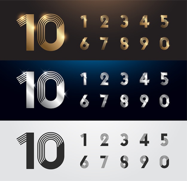 Set of metal number. silver, gold and black numbers.