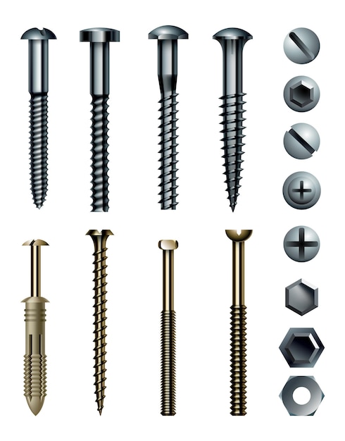 Set of metal screw bolt and rivet heads Collection of different industrial or DIY elements Isolated realistic vector illustration