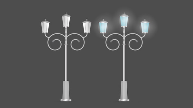 A set of Metallic lanterns that shine. Lamp post with realistic light. Vector.