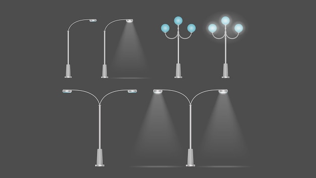 A set of Metallic lanterns that shine. Lamp post with realistic light. Vector.