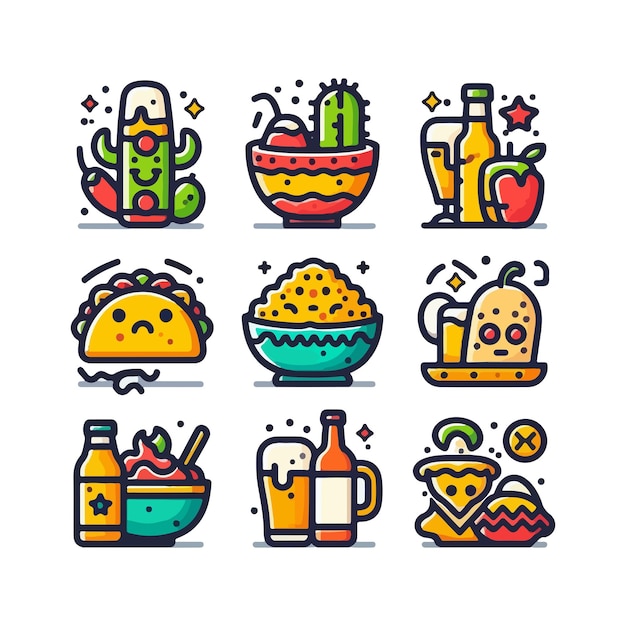 Set of mexican food icons cartoon colour style icons Pack Vector Illustration