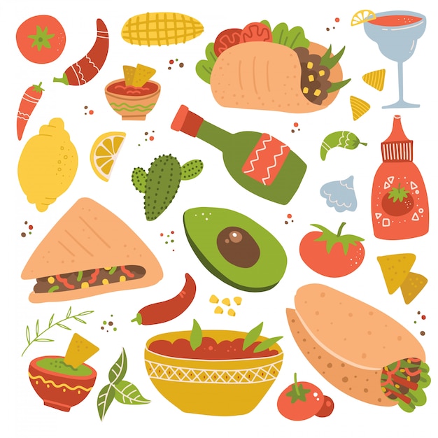 Set of Mexican food traditional menu icon, delicious recipes to cook, authentic cuisine, festival meal.