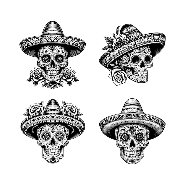 Vector set of mexican sugar skull with sombrero hat black and white vector illustration