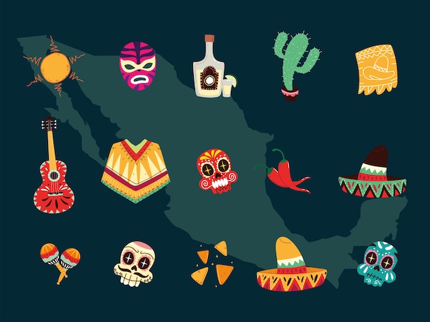 Set of mexican symbols, mexican celebration icons design