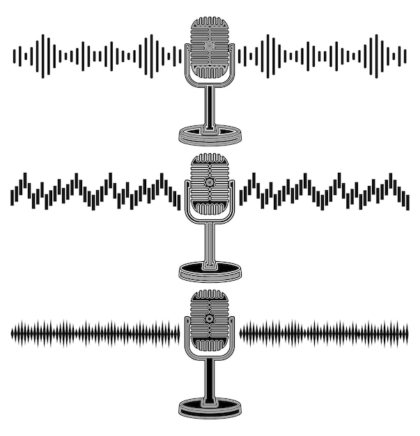 set microphone sound waves icon vintage monochrome design vector illustration