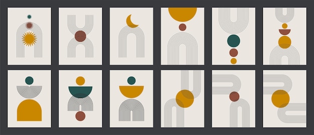 Set of Mid century modern minimalist art print with organic natural shape