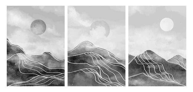 Set of Mid century modern mountain line art print Abstract contemporary aesthetic backgrounds landscapes illustration black and white of mountain moon and sun