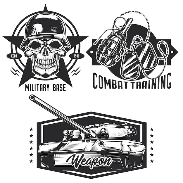 Set of military emblems, labels, badges, logos. Isolated on white