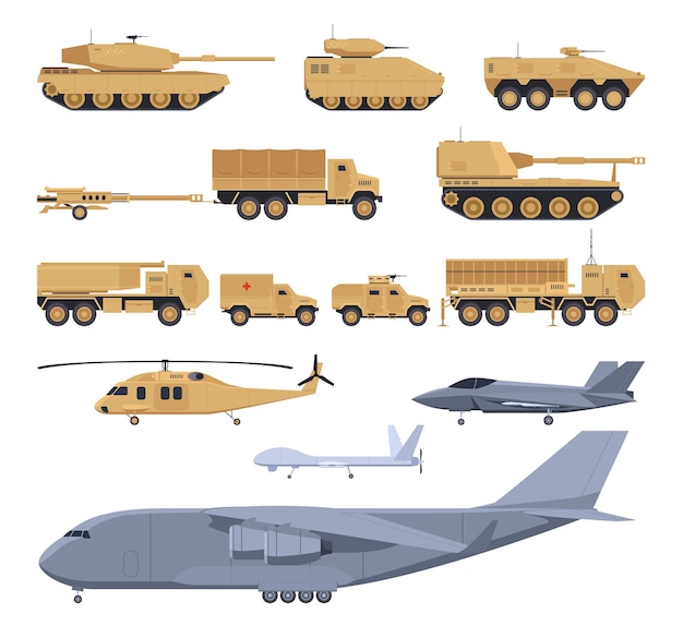 Set of military equipment Armored aircraft aviation artillery Equipment for attack and defense of the country Vector illustration on white background