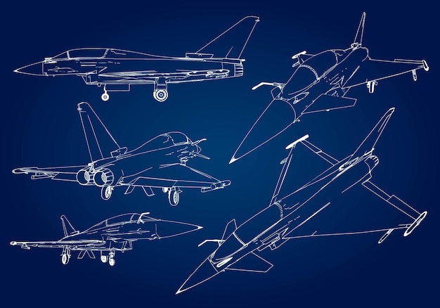 Vector set of military jet fighter silhouettes. image of aircraft in contour drawing lines.