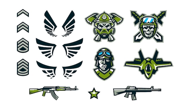 A set of military signs emblems logos Soldiers' insignia wings assault rifles a skull in a helmet against the background of swords and axes the face of a tankman Vector illustration