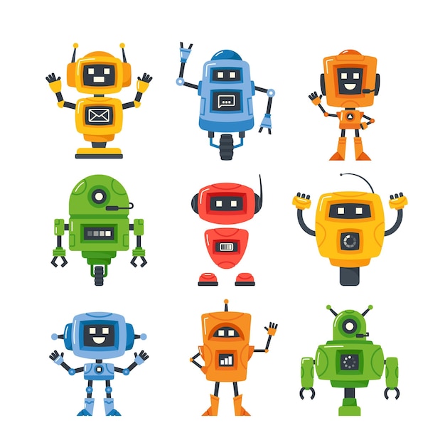 Set of Mini Robots Droids or Chatbot Characters Cyborgs With Friendly Faces Artificial Intelligence Androids