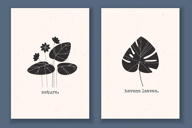 Set of minimal posters with plants flowers leaves and textured Monochrome with abstract nature elements