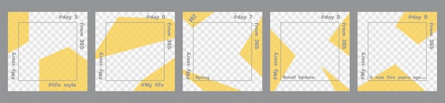 Set of minimal square posts Trasparent yellow geometric shapes and gray text template Place for your photo Every day design concept for year Best for social media post and web internet ads Vector