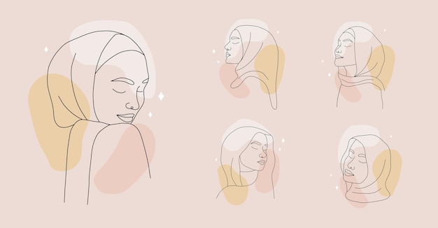 Set of minimalist female portraits on colored spots Linear islamic women in hijab with closed eyes