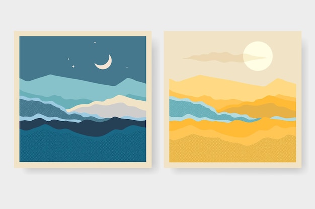 Set of minimalist hand painted landscape illustrations Modern background flat design