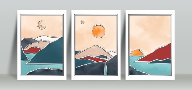 Set Of Minimalist Landscape Background With Mountain View