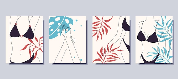 a set of minimalist posters. modern art. woman in a swimsuit.