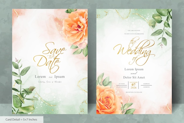 Set of Minimalist Wedding Invitation card Template with Watercolor Hand Drawn Floral