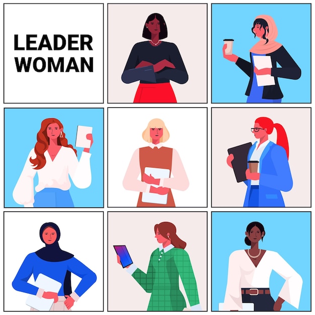 Vector set mix race businesswomen leader in formal wear successful business women leadership best boss concept female office workers portraits collection vector illustration