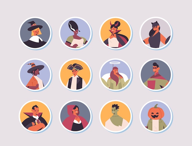 set mix race people in different costumes happy halloween party celebration concept men women avatars collection flat portrait vector illustration