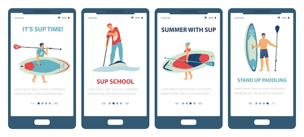 Set mobile phone screens with sport people who stand on paddle boards in water