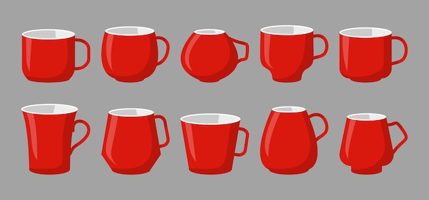 Set mockup cup for drinks coffee or tea classic container different red mugs in flat cartoon style