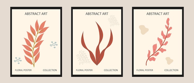 Set of modern abstract illustrations with organic shapes and leaves Minimalist fashionable art