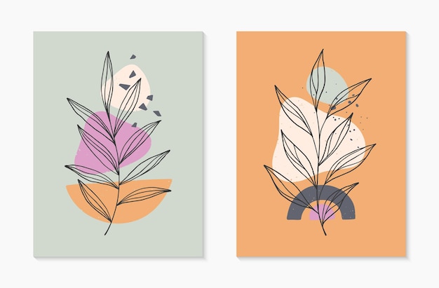 Set of modern abstract vector illustrations with organic various shapes and foliage line art