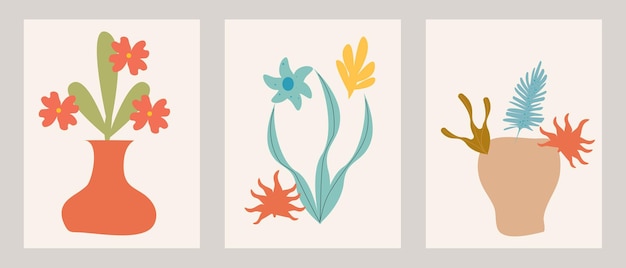 A set of modern abstract wall art illustrations with organic shapes and leaves in vases Minimalisti