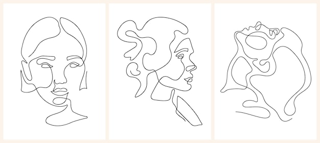 Set of modern abstract women portraits minimalist contour One line drawing abstract face