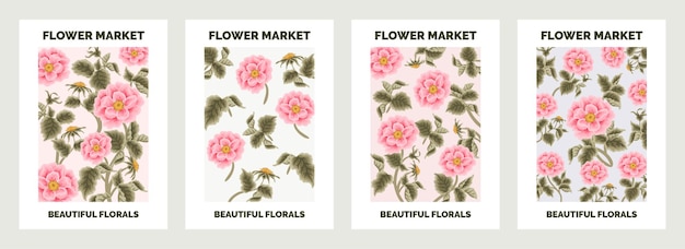 Set of modern botanical garden flower poster illustration with roses and floral leaf branch