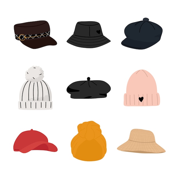 Set of modern, casual and traditional female hats headgears hand drawn cartoon illustration elements