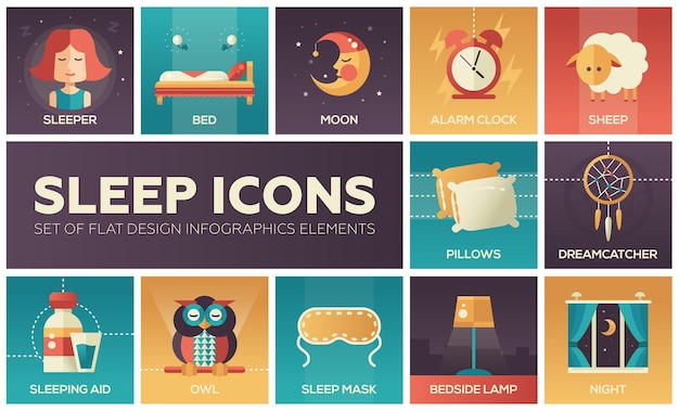 Vector set of modern flat design icons and pictograms of going to bed and sleping . sleeper, moon, alarm clock, sheep, owl, dreamcather, mask, bedside lamp, night, aid