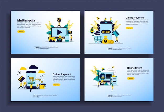 Set of modern flat design templates for Business, multimedia, online payment, recruitment.