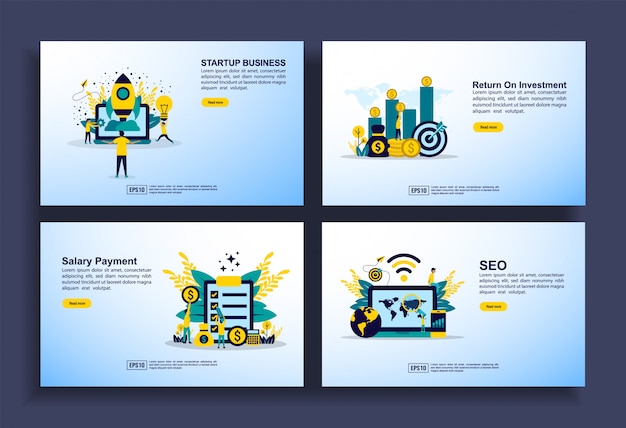 Set of modern flat design templates for Business, startup, return on investment, salary payment, seo. 