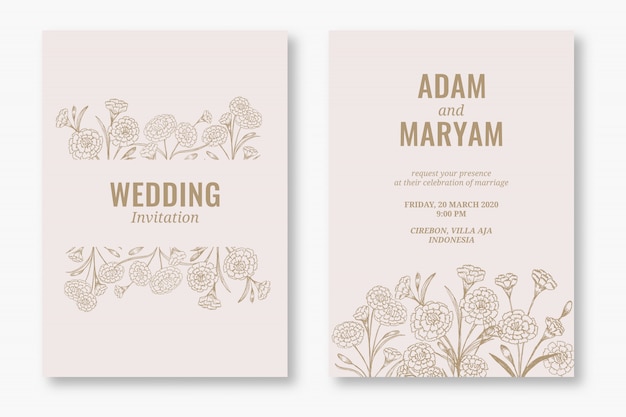 Set modern floral outline hand drawn luxury wedding invitation design or card templates for wedding