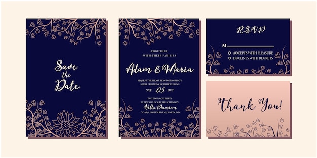 Set of modern floral rose gold luxury wedding invitation