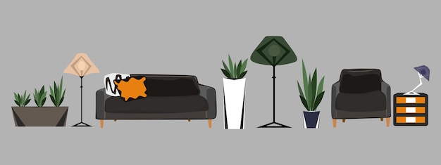 Set of modern furniture and plants collection Vector interior design elements