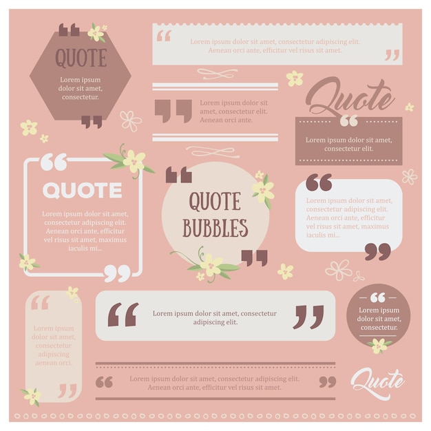 Set of modern quote bubbles with flowers and flourishes Different quote comment frame blank template