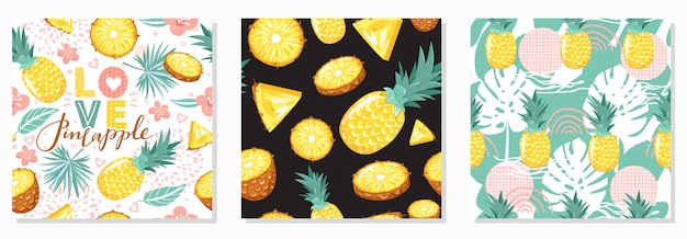 Set of modern seamless pattern with pineapple, flowers, leaves, abstract element and lettering. Summer vibes.