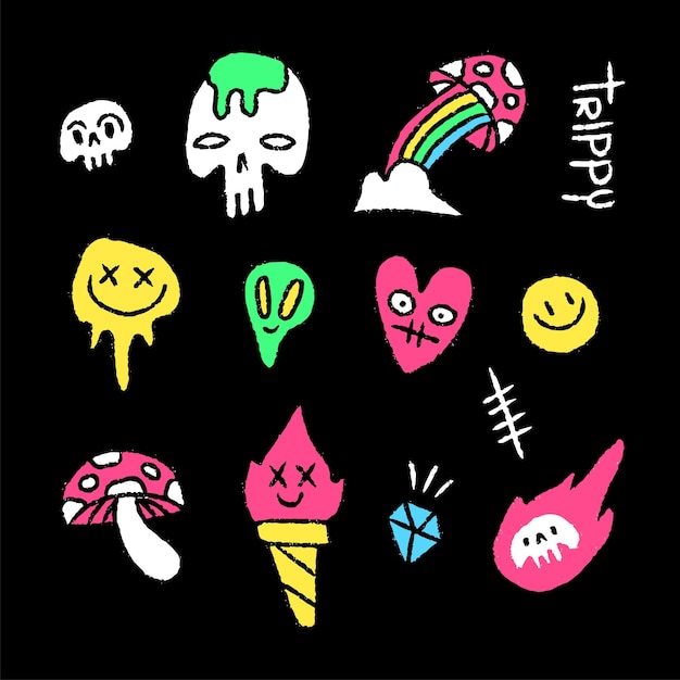 Set of modern street art illustration, with skull, melted emoji, mushroom, love, rainbow, alien.